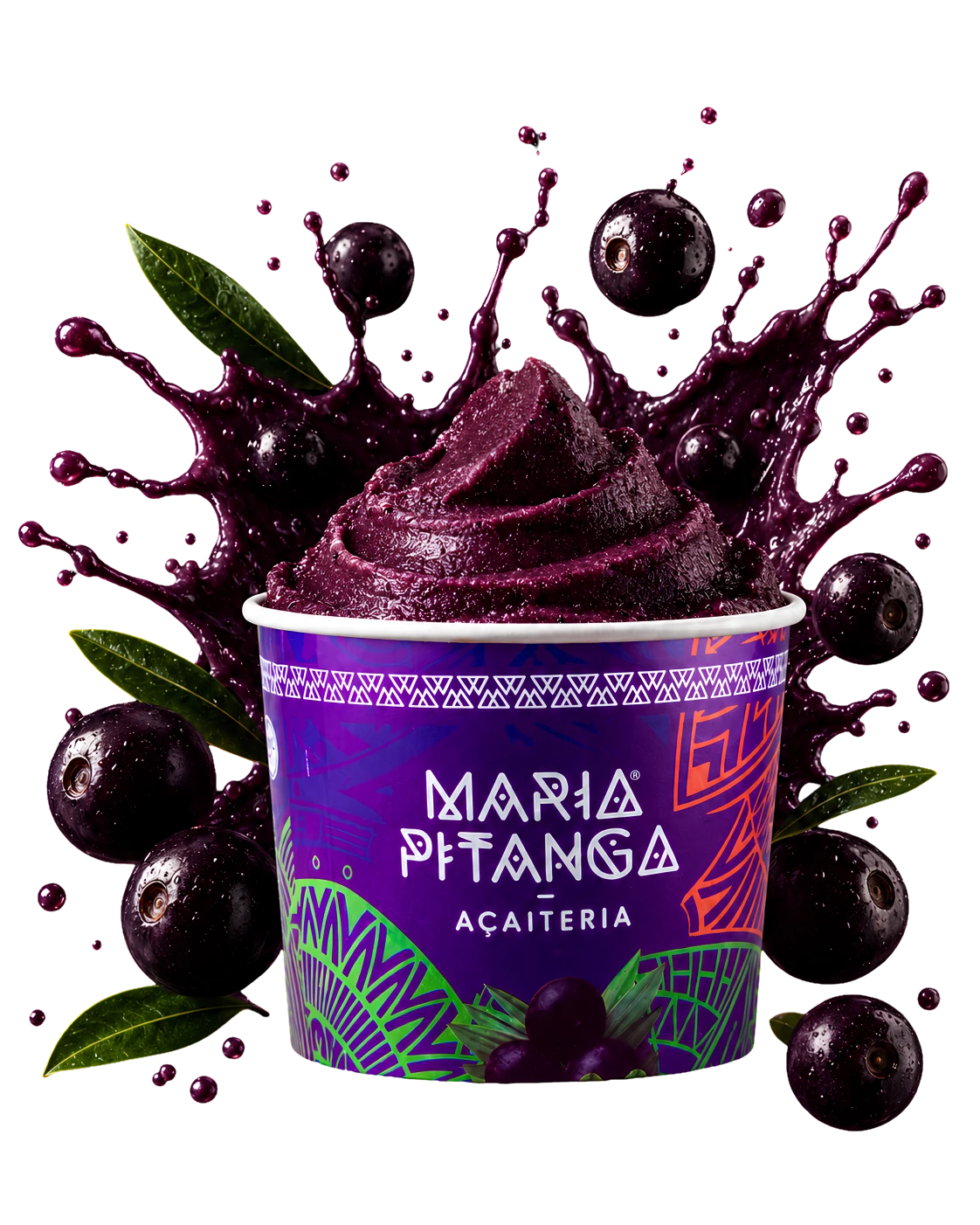 Copo de açaí Maria Pitanga com frutos e folhas